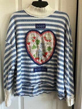 We The Free Navy & White Striped Cowl-Neck Sweater with Heart Cat Patch
